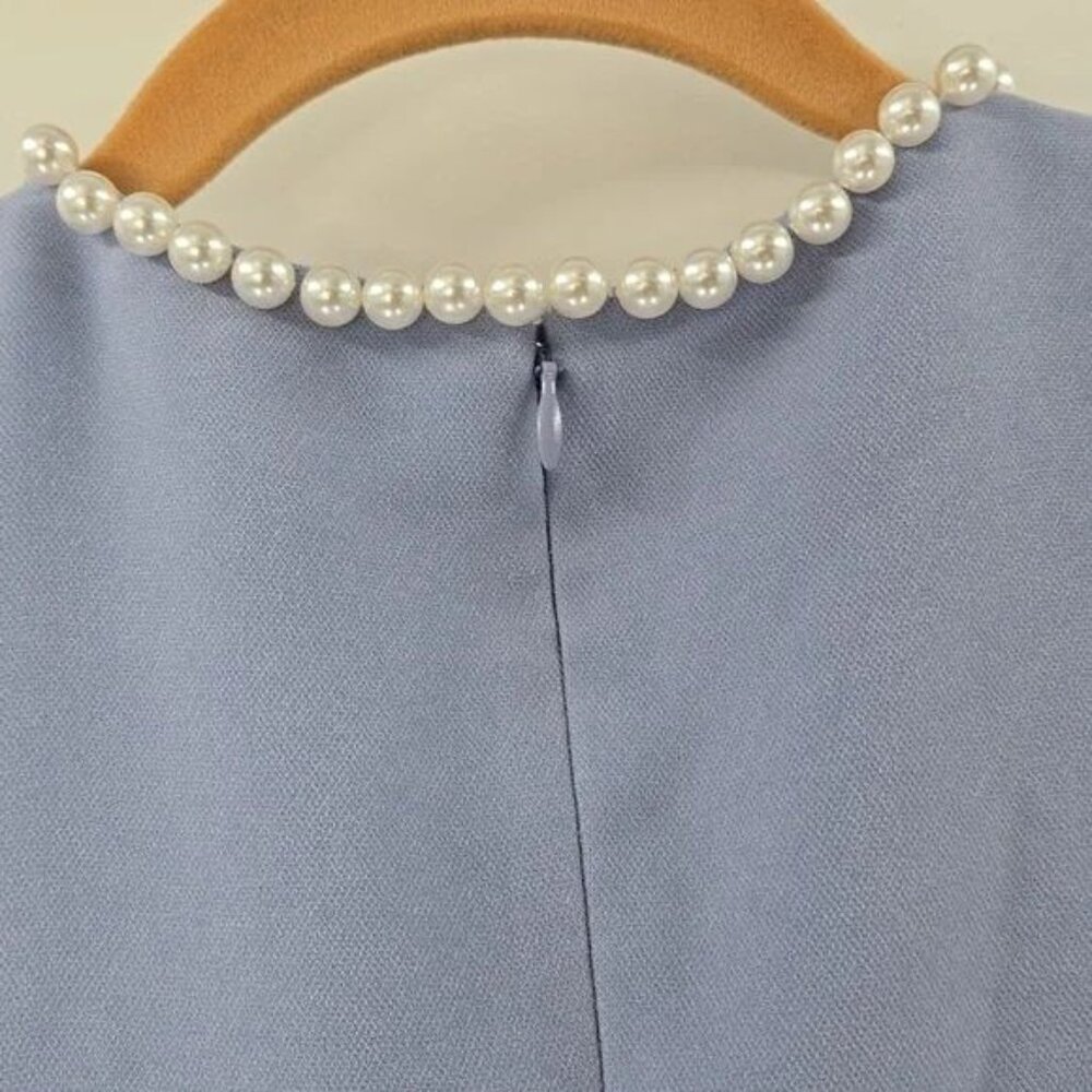 Rickie Freeman For Teri Jon Elegant Blue Pearl Embellished Dress - Picture 4 of 6